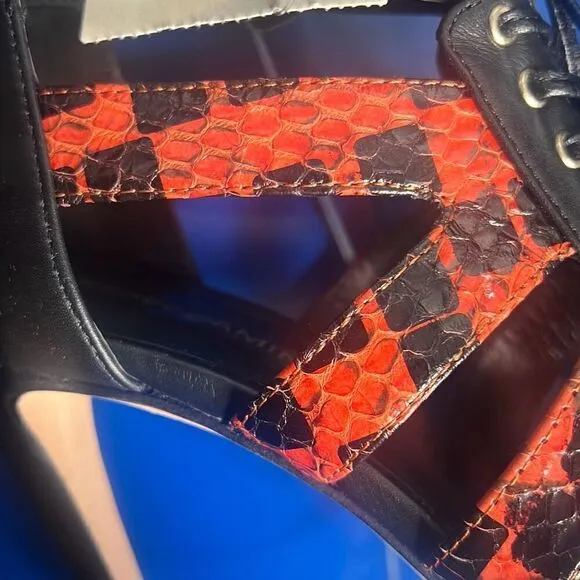 Nib Rebecca Minkoff Black Red Snake Print Lace High Heels Booties 36 / 6