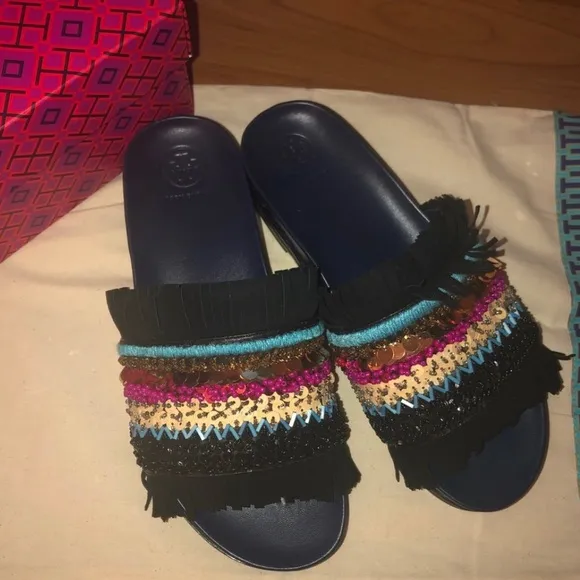 NIB Tory Burch Authentic Embellished Suede slides