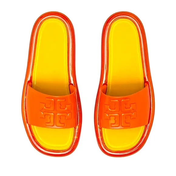 NIB Tory Burch Bubble Jelly Slides Chipotle Spice/Golden Bright Raised DoubleT-9