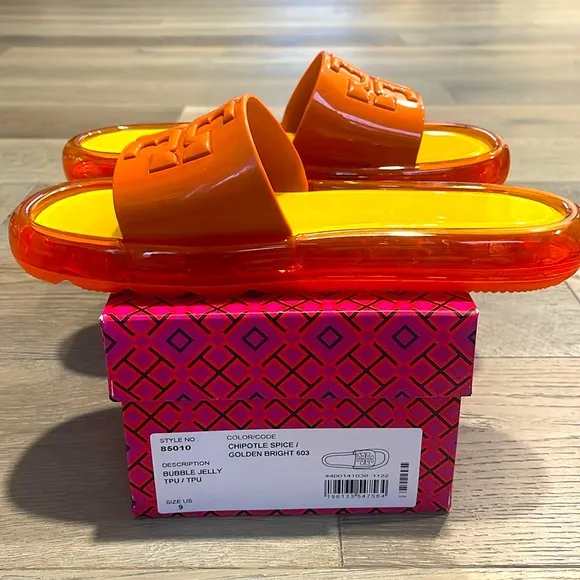 NIB Tory Burch Bubble Jelly Slides Chipotle Spice/Golden Bright Raised DoubleT-9