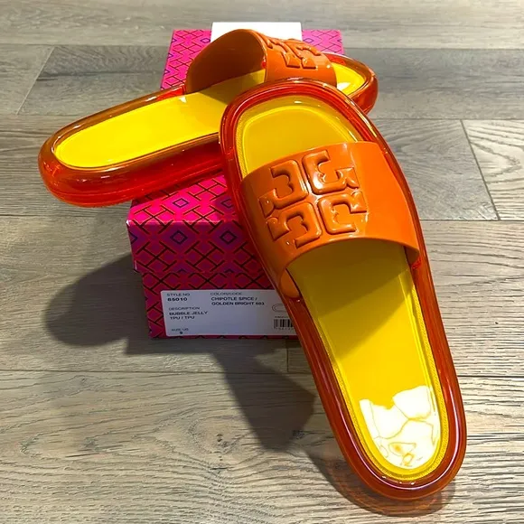 NIB Tory Burch Bubble Jelly Slides Chipotle Spice/Golden Bright Raised DoubleT-9