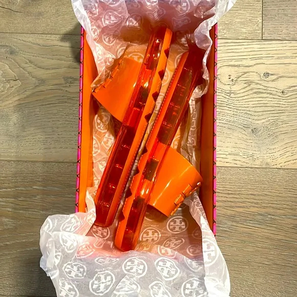 NIB Tory Burch Bubble Jelly Slides Chipotle Spice/Golden Bright Raised DoubleT-9