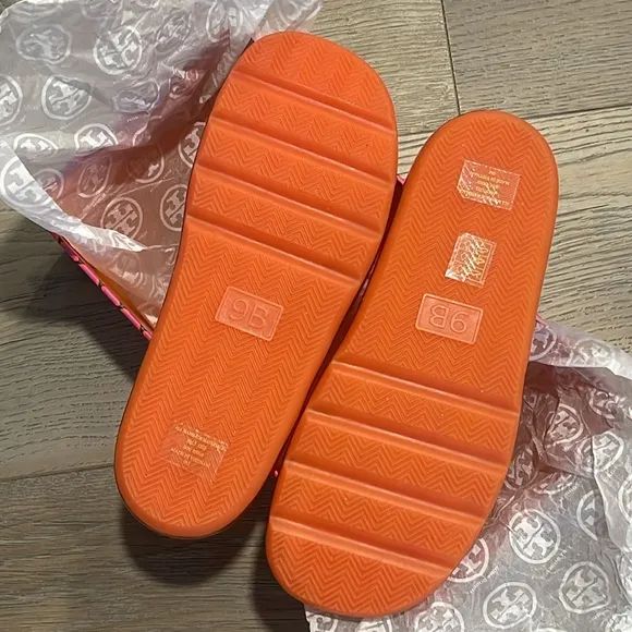 NIB Tory Burch Bubble Jelly Slides Chipotle Spice/Golden Bright Raised DoubleT-9