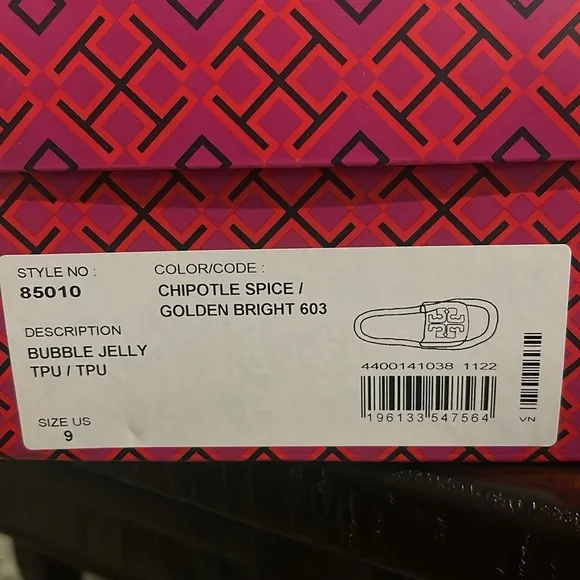 NIB Tory Burch Bubble Jelly Slides Chipotle Spice/Golden Bright Raised DoubleT-9