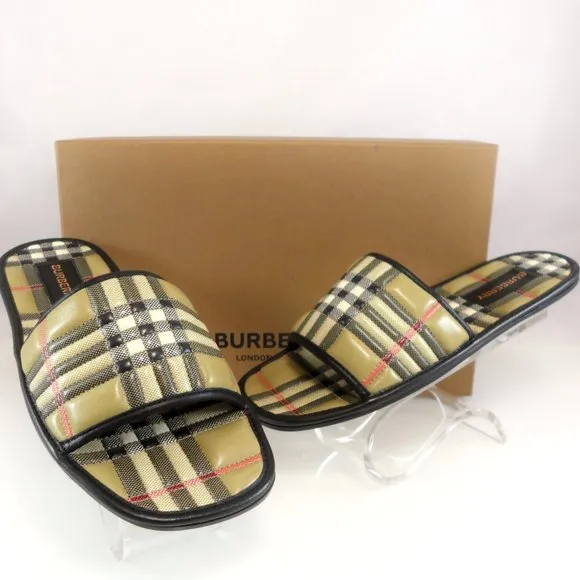 NIB$650 BURBERRY Alixa Quilted Lambskin Check Flat Slide In Archive Beige 35 5