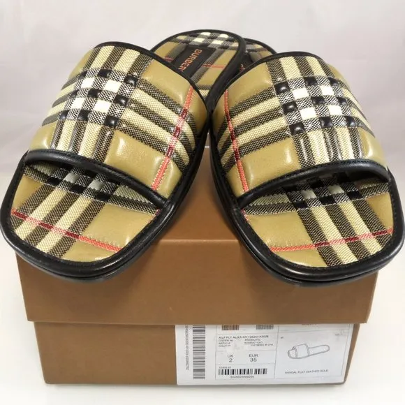 NIB$650 BURBERRY Alixa Quilted Lambskin Check Flat Slide In Archive Beige 35 5