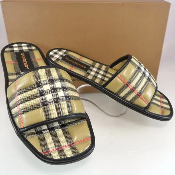 NIB$650 BURBERRY Alixa Quilted Lambskin Check Flat Slide In Archive Beige 35 5