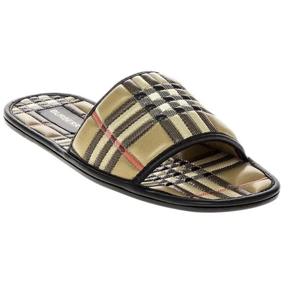 NIB$650 BURBERRY Alixa Quilted Lambskin Check Flat Slide In Archive Beige 35 5