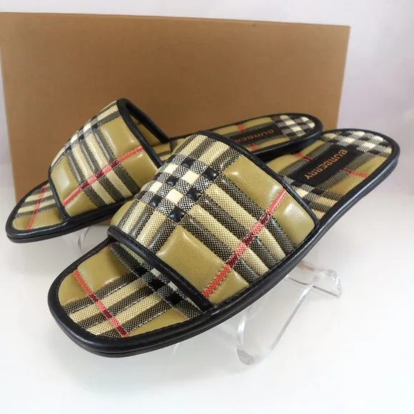 NIB$650 BURBERRY Alixa Quilted Lambskin Check Flat Slide In Archive Beige 35 5