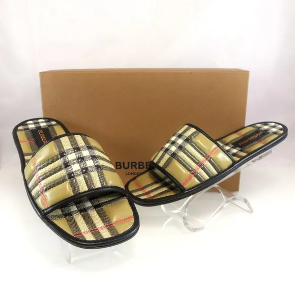 NIB$650 BURBERRY Alixa Quilted Lambskin Check Flat Slide In Archive Beige 35 5