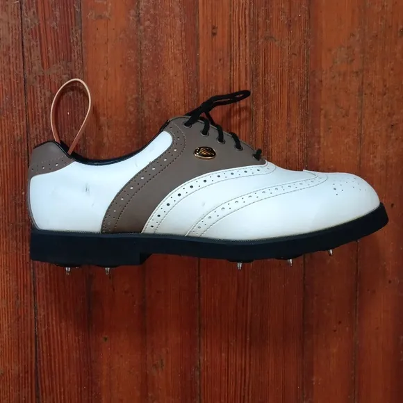 NIBLICK White and Brown Wing Tip Oxford Golf Shoes with Classic Spike Design