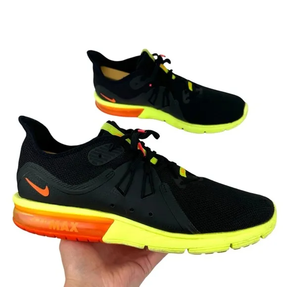 Nike Air Max Sequent 3 Running Sneakers Shoes Black Orange Volt Mens Size 12