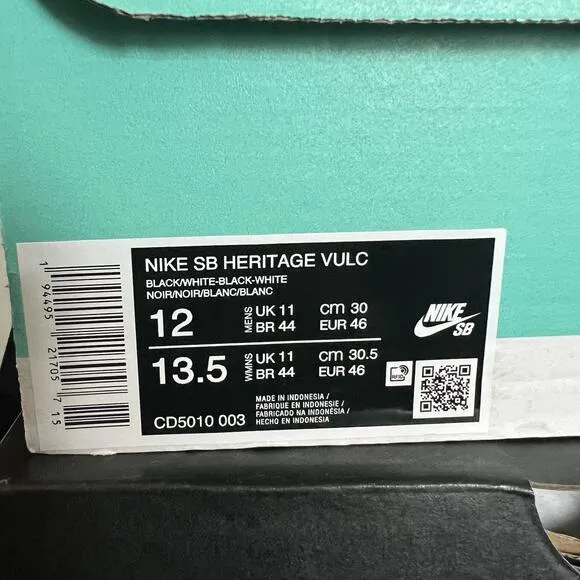 Nike SB Heritage Vulc Black White Skate Sneaker Shoes CD5010-003 Men's Size 12