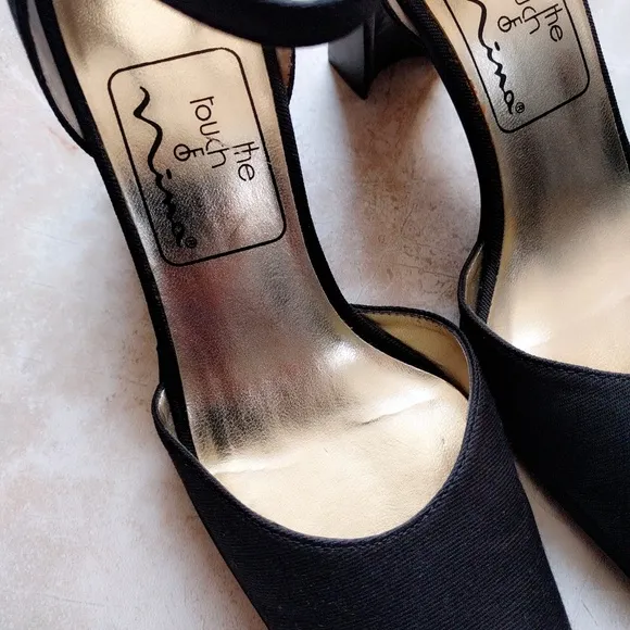 Nina Black Satin Grosgrain Ankle Block Heels 5.5