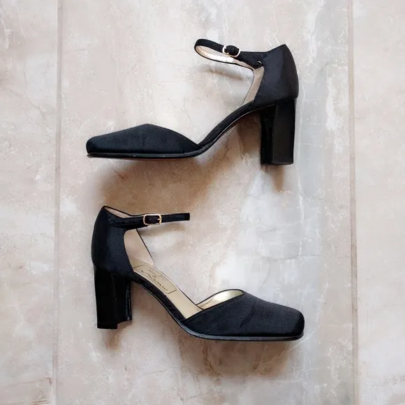 Nina Black Satin Grosgrain Ankle Block Heels 5.5