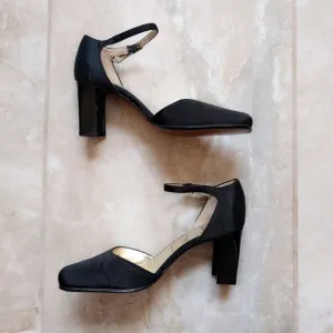Nina Black Satin Grosgrain Ankle Block Heels 5.5