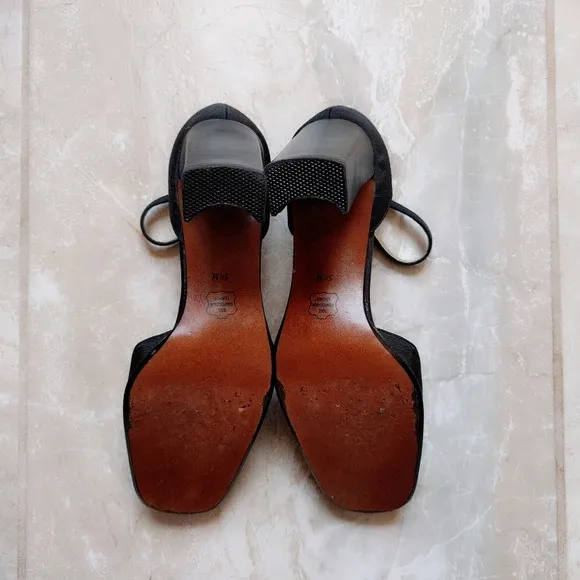 Nina Black Satin Grosgrain Ankle Block Heels 5.5