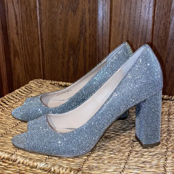 Nina New York Glitter Peep Toe Slip On Block Heels-Women’s Size 7