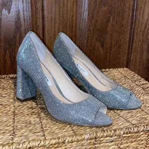 Nina New York Glitter Peep Toe Slip On Block Heels-Women’s Size 7