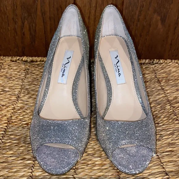 Nina New York Glitter Peep Toe Slip On Block Heels-Women’s Size 7
