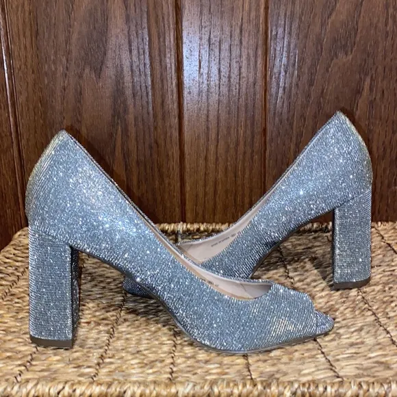 Nina New York Glitter Peep Toe Slip On Block Heels-Women’s Size 7