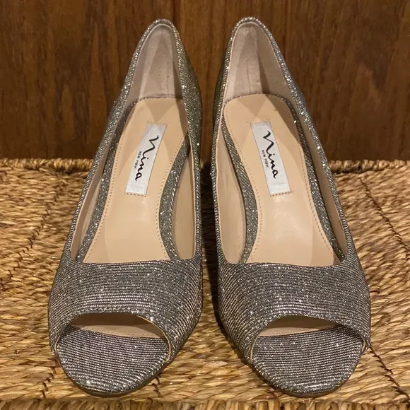 Nina New York Glitter Peep Toe Slip On Block Heels-Women’s Size 7