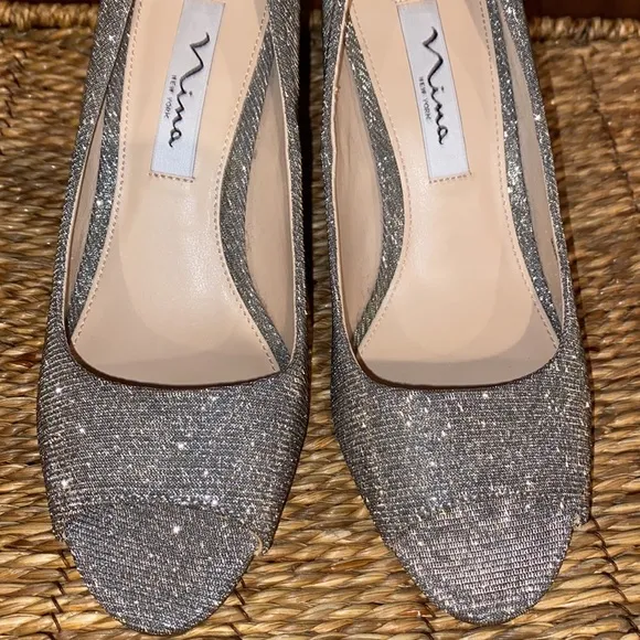 Nina New York Glitter Peep Toe Slip On Block Heels-Women’s Size 7