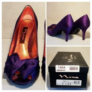 Nina Women Forbes Grape Luster Satin Peep Toe Heels