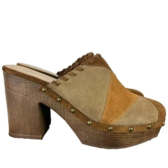 Nine West Clogs Shoes Womens 9M Peaced4 Womens Brown Suede Patchwork