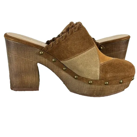 Nine West Clogs Shoes Womens 9M Peaced4 Womens Brown Suede Patchwork