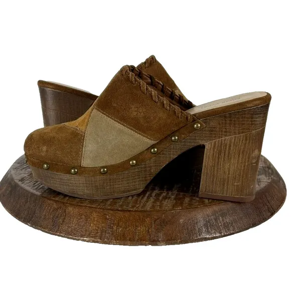Nine West Clogs Shoes Womens 9M Peaced4 Womens Brown Suede Patchwork