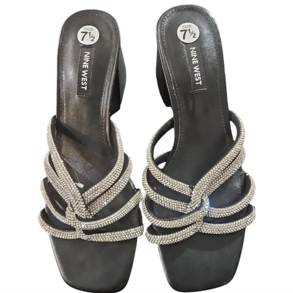 Nine West Glitz Blick Heels Bejeweled Straps Slide Square Toe Sandal In Black