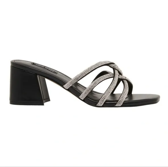 Nine West Glitz Blick Heels Bejeweled Straps Slide Square Toe Sandal In Black