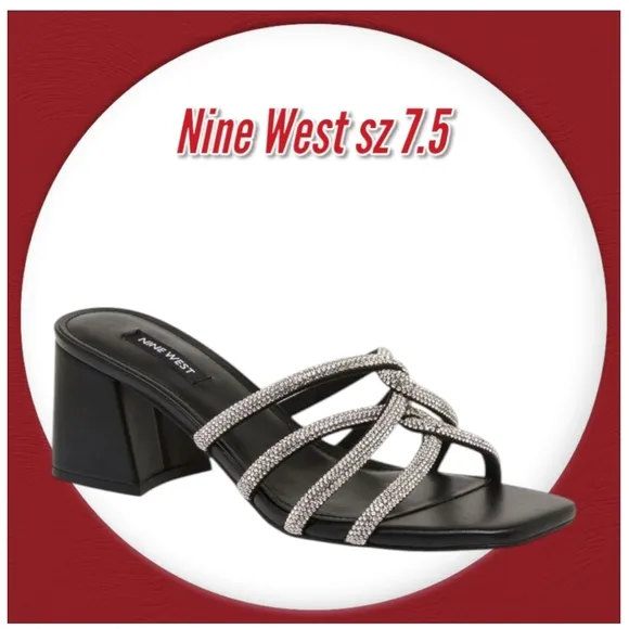 Nine West Glitz Blick Heels Bejeweled Straps Slide Square Toe Sandal In Black