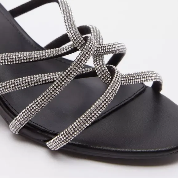 Nine West Glitz Blick Heels Bejeweled Straps Slide Square Toe Sandal In Black
