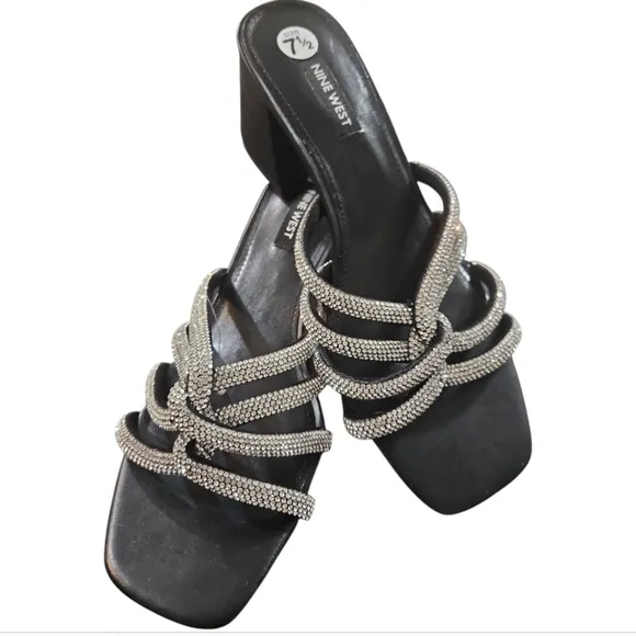 Nine West Glitz Blick Heels Bejeweled Straps Slide Square Toe Sandal In Black