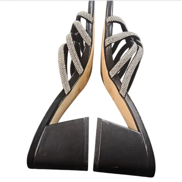 Nine West Glitz Blick Heels Bejeweled Straps Slide Square Toe Sandal In Black