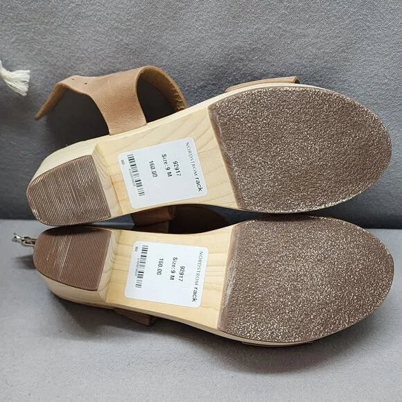 Nisolo All-Day Open Toe Tan Leather Wooden Clogs Sz 9 M - NIB