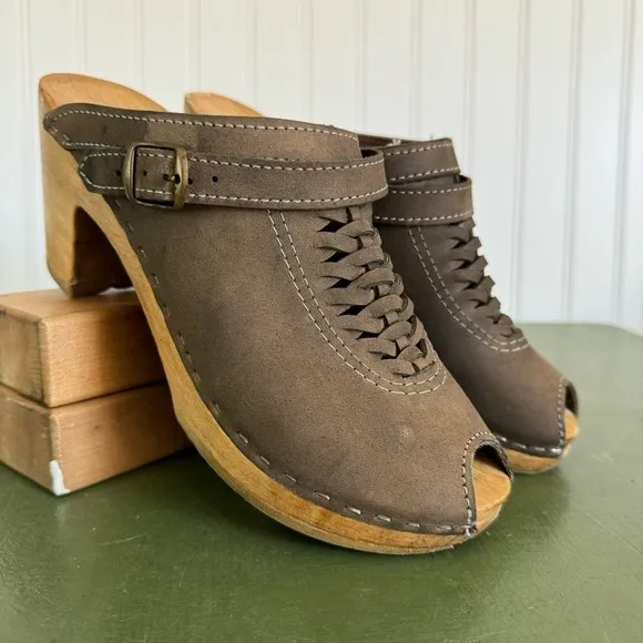 No. 6 Handmade by Sven Braid-Front Convertible Clogs in Taupe Nubuck *USA Made*