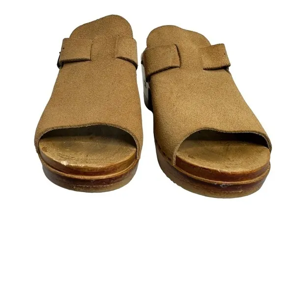 NO. 6 Womens Wooden Clog Sandals Open Toe Size 38 US 7.5 Tan Slip On Clogs