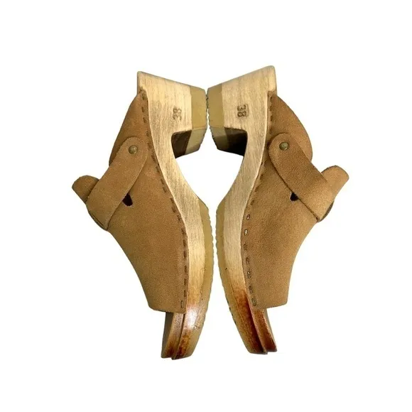 NO. 6 Womens Wooden Clog Sandals Open Toe Size 38 US 7.5 Tan Slip On Clogs