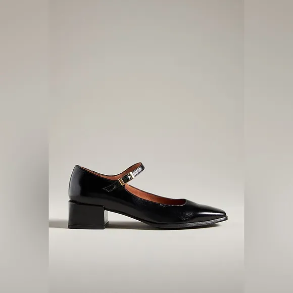 NWOB Anthropologie Maeve The Ainsley Leather Mary Jane Block Heels Black Size 9.
