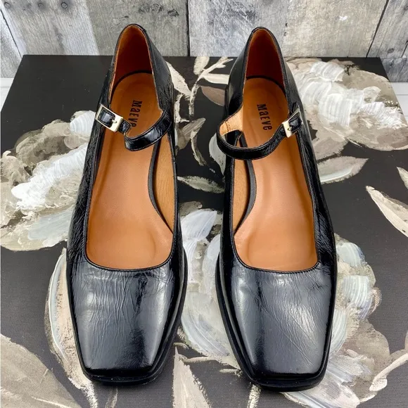NWOB Anthropologie Maeve The Ainsley Leather Mary Jane Block Heels Black Size 9.
