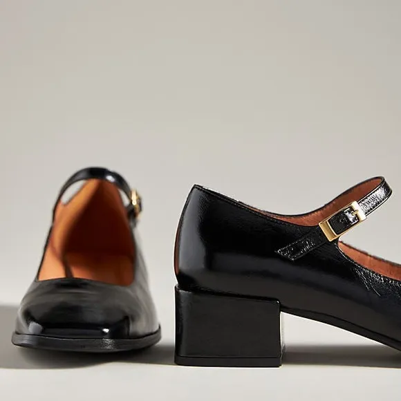 NWOB Anthropologie Maeve The Ainsley Leather Mary Jane Block Heels Black Size 9.