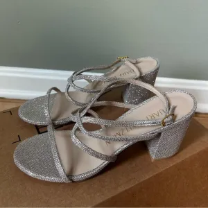 NWOB Stuart weitzman barelythere 75 block sandle poudre silver heels size 6.5B