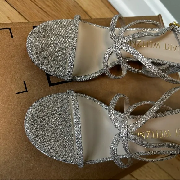 NWOB Stuart weitzman barelythere 75 block sandle poudre silver heels size 6.5B