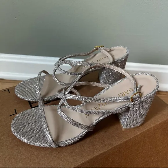 NWOB Stuart weitzman barelythere 75 block sandle poudre silver heels size 6.5B