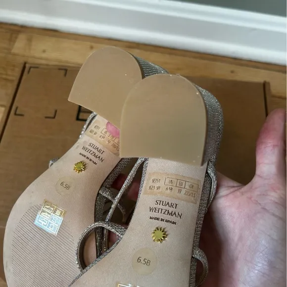 NWOB Stuart weitzman barelythere 75 block sandle poudre silver heels size 6.5B