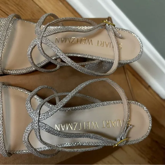 NWOB Stuart weitzman barelythere 75 block sandle poudre silver heels size 6.5B