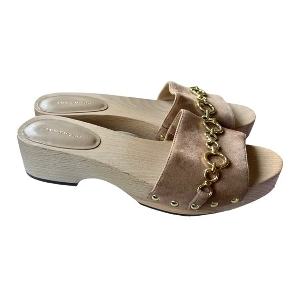 NWOT Ann Taylor Chain Leather Clog Slides in Dominican Sand Quiet Luxury Size 8